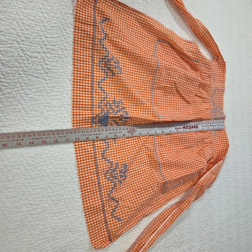 Vintage Handmade Orange Gingham Half Apron Cross Stitch‎ Flower Basket Pocket